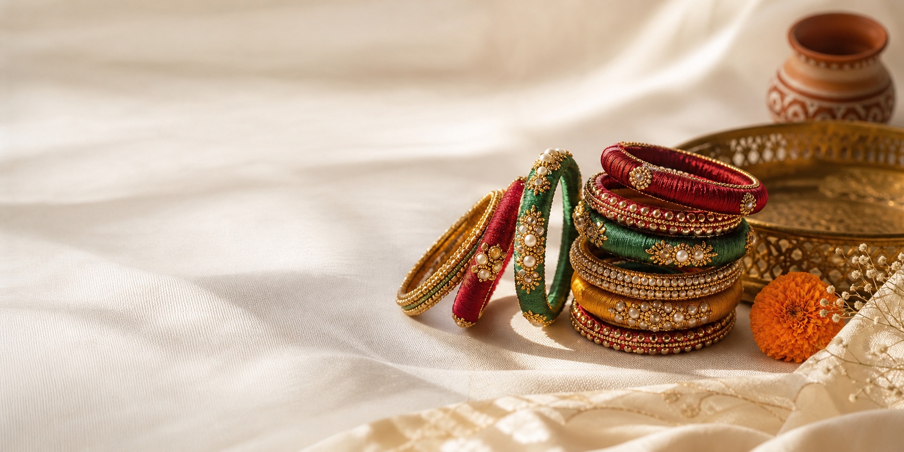 Handmade red, green, and gold bangles arranged on ivory fabric