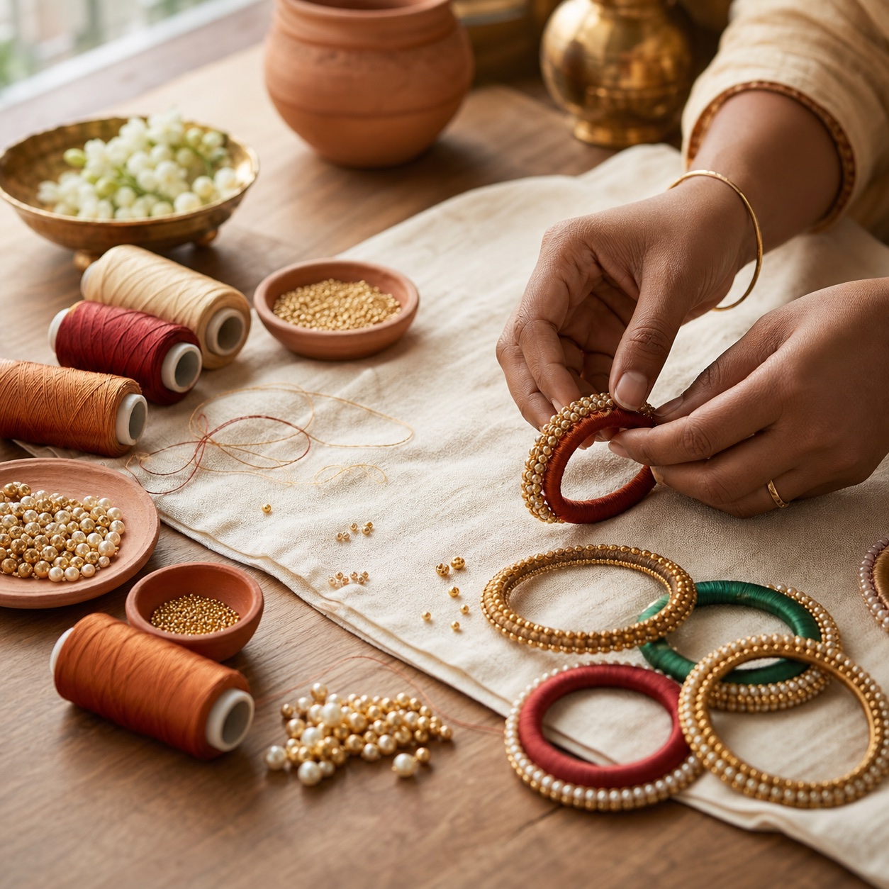 Artisan hands making bangles with silk thread and pearls
